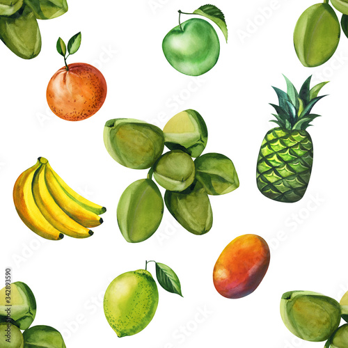 Watercolor seamless floral pattern with fruts hand drawing decorative background. Hand drawn watercolor illustration. Print for textile, cloth, wallpaper, scrapbooking
