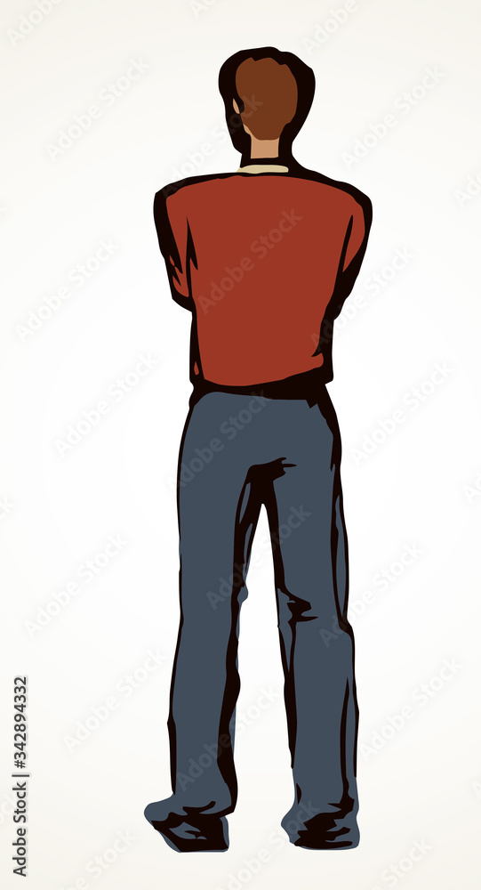 A man stands and looks into the distance. The view from the back. Vector drawing A man stands and looks into the distance. The view from the back. Vector drawing