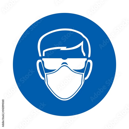 Safety glasses and mask must be worn sign or symbol.  Standard ISO 7010.  Vector design isolated on white background .