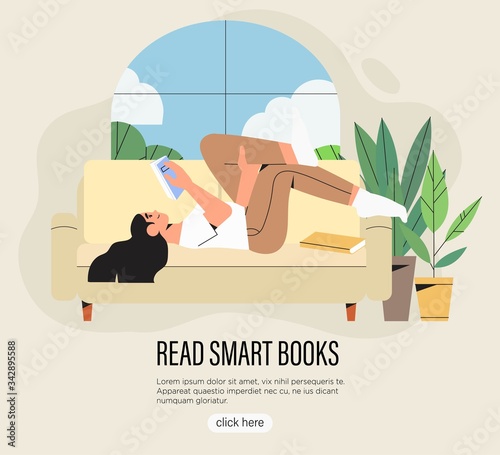 Creative banner, poster, invitation, post for book crossing, exchange, marker or fair. World literacy or reading day. Girl on sofa in a room with plants reading a book and having rest or recreation.