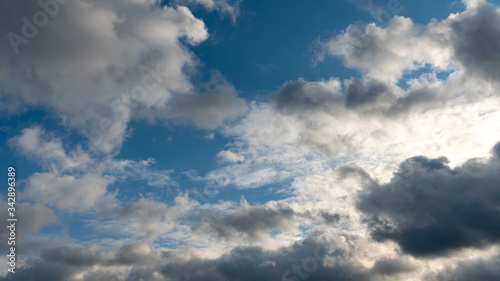 A cluster of light and fluffy clouds interspersed with dark gray clouds. Before the rain and the thunderstorm.