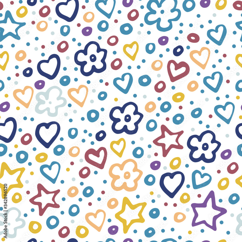 seamless pattern of colorful stars, flowers and hearts of lilac, yellow, blue colors on a white background seamless pattern of colorful stars, flowers and hearts of lilac, yellow, blue colors on a white background