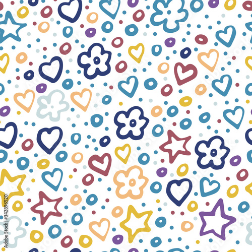 Wallpaper Mural seamless pattern of colorful stars, flowers and hearts of lilac, yellow, blue colors on a white background Torontodigital.ca