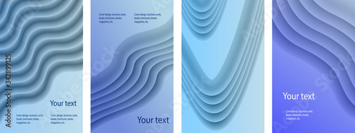 Set of abstract covers of blue and green colors. Backgrounds with abstract volumetric gradient of linear waves to create a fashionable banner, poster.