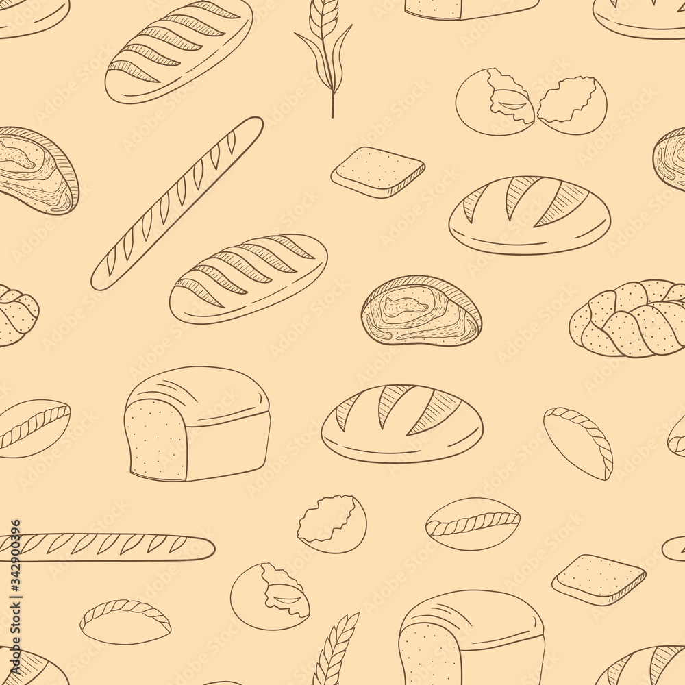 Vector seamless pattern with bakery products on a light background