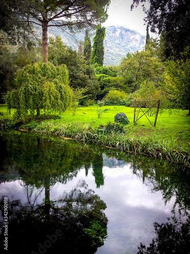 Beautiful river reflection in Giardini di Ninfa, Italy