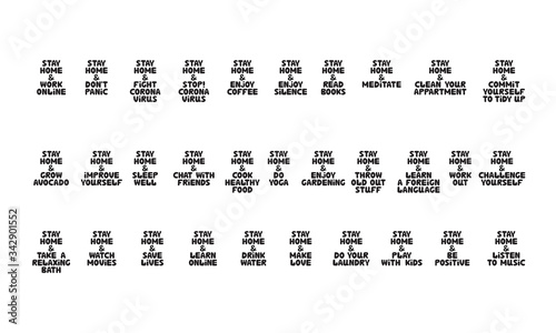 Huge set of quotes about stay home activities during quarantine. Cute hand drawn babble lettering. Isolated on white background. Vector stock illustration.