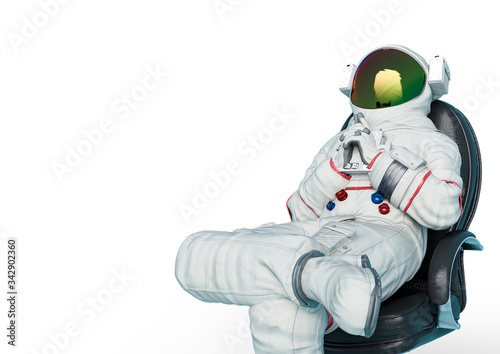 Fototapeta astronaut is sitting in the office chair like a boss close up view with copy spa