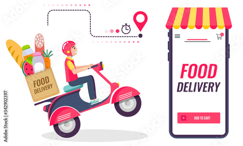 Online delivery service , online order tracking, delivery home and office. Scooter delivery. Shipping. Man on the bike. Vector illustration