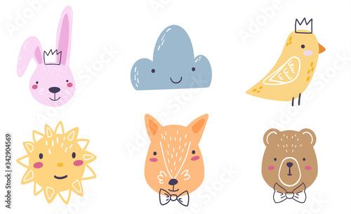 Cartoon animals with bow tie and crown. Foxy, bunny, teddy bear, cloud, sun and bird for the design of children's posters, clothes and other cute things.