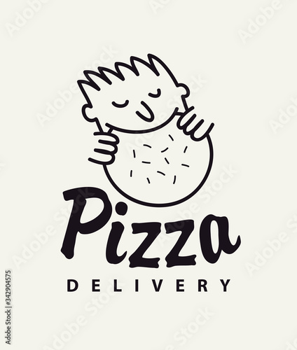Vector banner or logo for a pizzeria with the inscription Pizza delivery and a small person who eats pizza. Black and white illustration for a pizza restaurant with an online ordering option