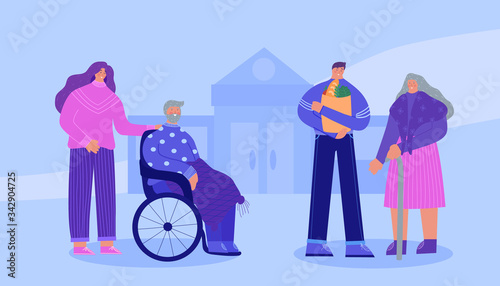 A woman helps an elderly disabled person. A man helps an elderly grandmother to bring groceries. Vector illustration.