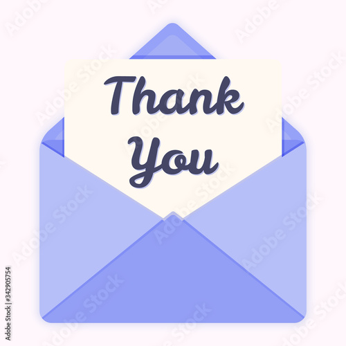 White paper sheet with Thank You text in the purple opened envelope. Flat style vector illustration icon isolated on a monochrome background.