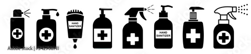Set antiseptic bottle, hand sanitizers. Alcohol rub sanitizers kill most bacteria from hands and stop viruses spread prevention concept. Sanitizer bottle, wall mounted container – stock vector