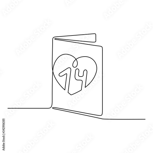 Continuous line drawing. A postcard with a heart around the date. 14th of February. Valentine's day. Template for love cards.  Black isolated on white background. Hand drawn vector illustration. 