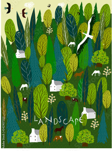 Forest landscape. Vector illustration with houses, trees, animals for cards, books, prints.