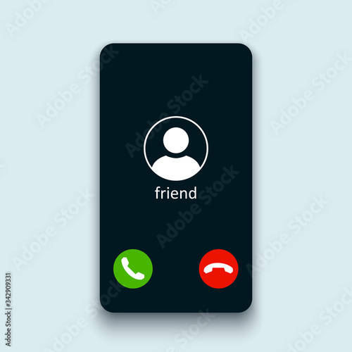 Mobile call screen template. Call screen smartphone interface mockup. Phone mockup contact with handset icon, flat person icon, take a phone, incoming call, answer and decline phone call buttons