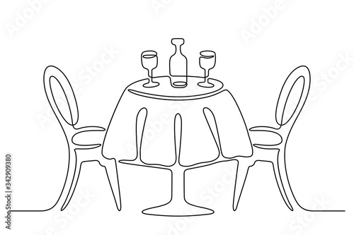 Continuous line drawing. Table with chairs. Bottle and two wine glasses. Black isolated on white background. Hand drawn  vector illustration. 