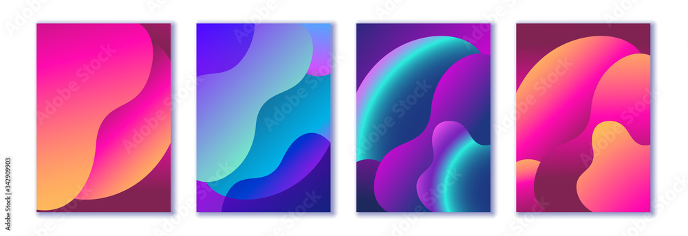 Social media stories design set, abstract trendy fluid wavy neon vertical backgrounds. Cyan, blue, pink, mint, orange, violet colors with gradients and halftones. Vector illustration, Eps10.