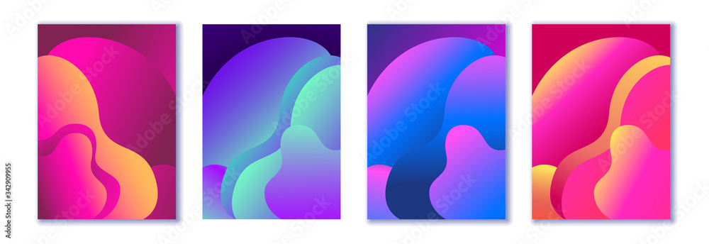 Abstract trendy fluid wavy neon background. Red, cyan, violet, orange, pink, dark colors, gradient. Modern 3d style. Applicable for cover, brochure, flyer, template design. Vector illustration, Eps10.