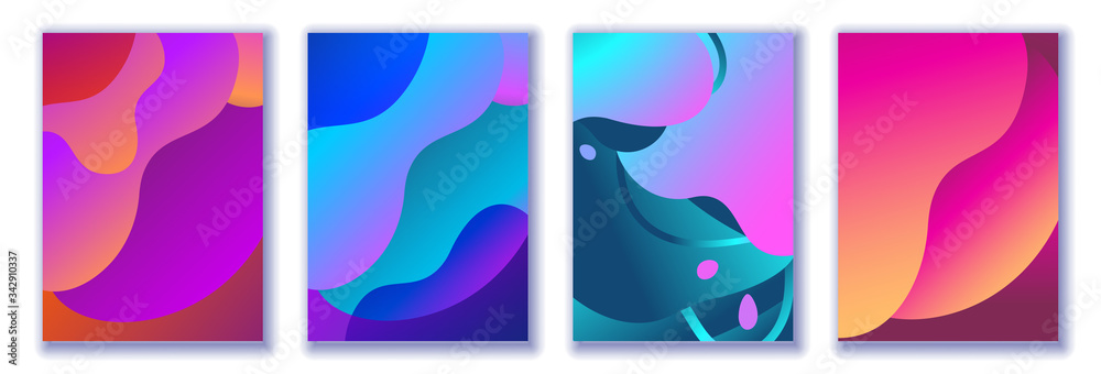 Abstract trendy fluid wavy neon blank background set. Red, cyan, violet, orange, pink, dark colors, gradient. Modern 3d style. Applicable for cover, brochure, flyer design. Vector illustration, Eps10.