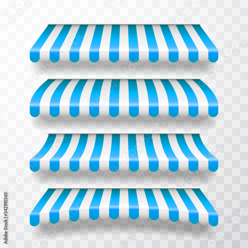 Realistic striped shop sunshade. Store awning. Shop tent isolated set. Vector illustration