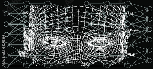 Artistic abstraction composed of human face wireframe and glitched elements on the subject of mind, reason, thought, mental powers and  Artificial intelligence consciousness.