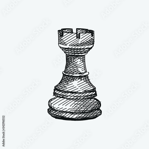 Hand-drawn sketch of Rook chess piece on a white background. Chess pieces. Chess. Check mate