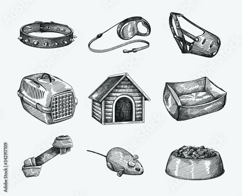 Hand-drawn sketch set of Pet supplies. Dog collar with thorns, retractable dog leash, Muzzle (mouth guard), Wooden Dog House, pet carrier, pet bed, knotted dog bone; Mouse Robotic Toy; pet food bowl