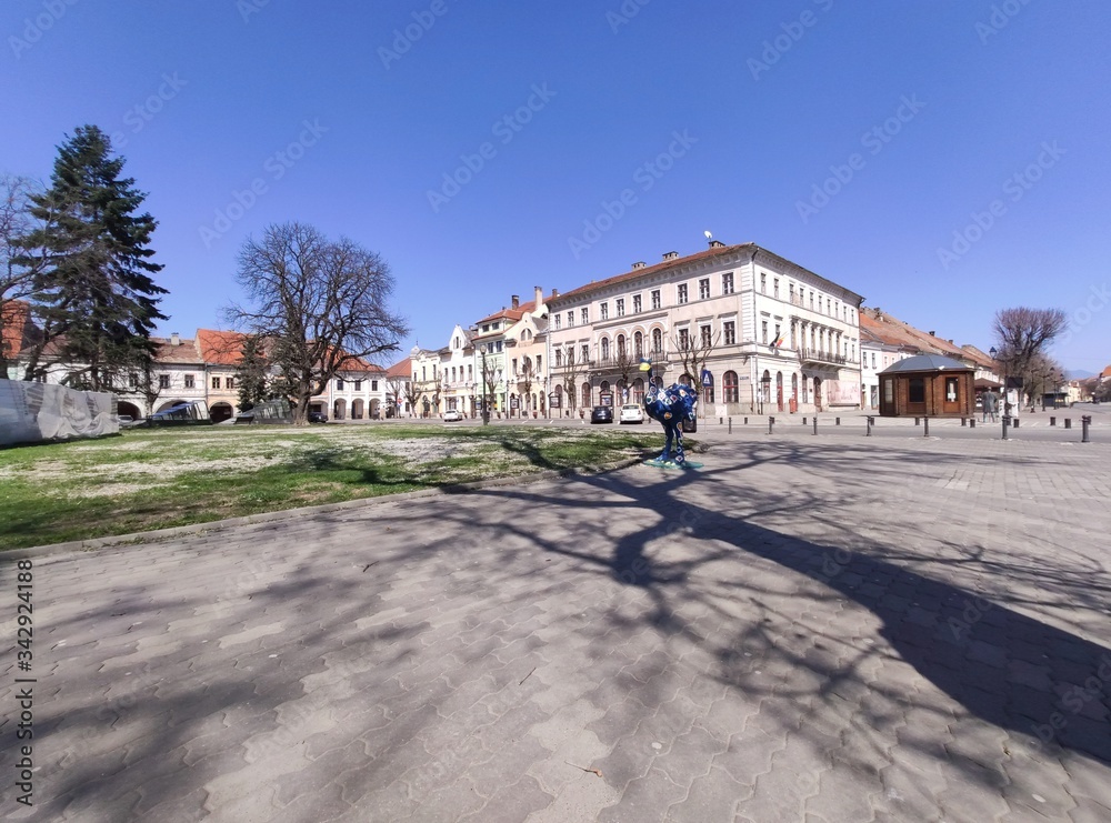 Romania ,Bistrita ,2020,april, Liviu Rebreanu   street and Central square ,empty city in quarantine,covid 19