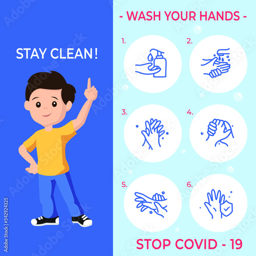How to wash your hands Poster with child shows how to wash hands properly.