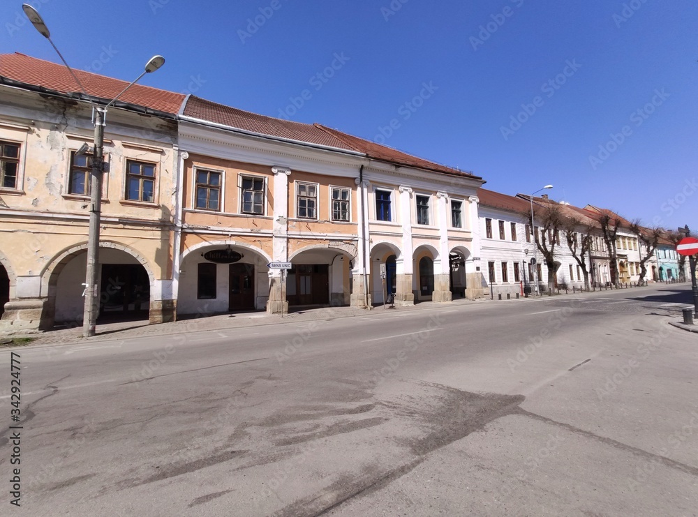 Romania ,Bistrita ,2020,april, Liviu Rebreanu street and Central square ,Sugalete,empty city in quarantine,covid 19