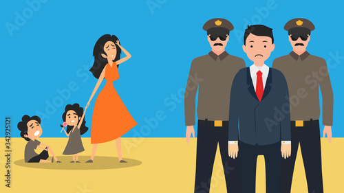 Police officers arrested businessman and lead him. Corruption or Crime concept. Simplistic realistic cartoon style vector illustration. Two policemen in uniform with caught criminal at office colorful