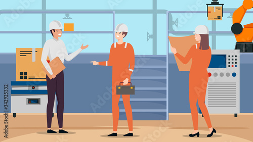 Factory in process with workers working flat design vector illustration. Industrial employees inside warehouse. Manufacturing cartoon character. Oil production worker check task.