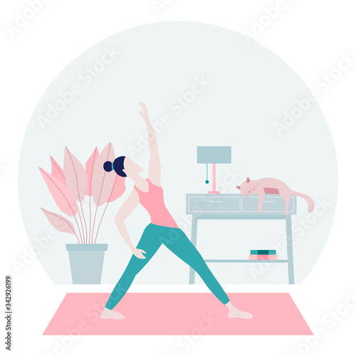Stay home concept.Young woman doing yoga in cozy modern interior in period of self isolation and social distancing during Coronavirus lockdown.Flat vector illustration.