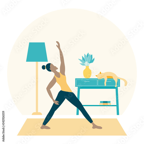 Stay home concept.Young woman doing yoga in cozy modern interior in period of self isolation and social distancing during Coronavirus lockdown.Flat vector illustration.