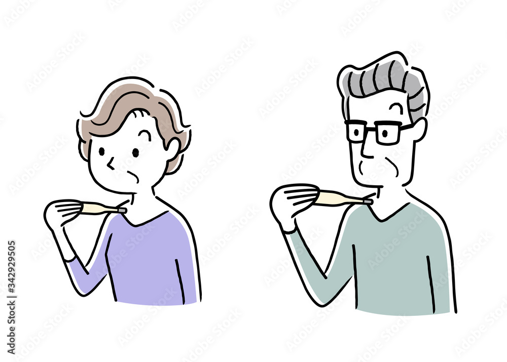 Illustration material: senior men and senior women who measure body temperature using a thermometer, elderly people Illustration material: senior men and senior women who measure body temperature using a thermometer, elderly people