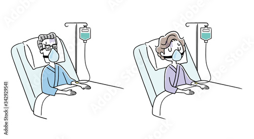 Stock illustration: senior man and senior woman hospitalized with oxygen mask, elderly