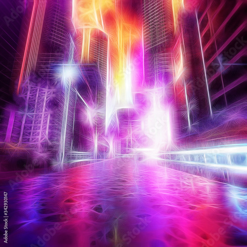 empty street of neon synth city at night with majestic sky and colorful lights