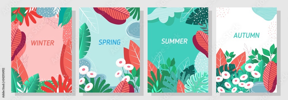 Naklejka premium Illustration set season element or nature background, winter, spring, summer, autumn, banner, cover, templates, posters.