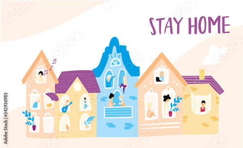 Cartoon colorful houses and the people who live in them. Neighbors and their activities.