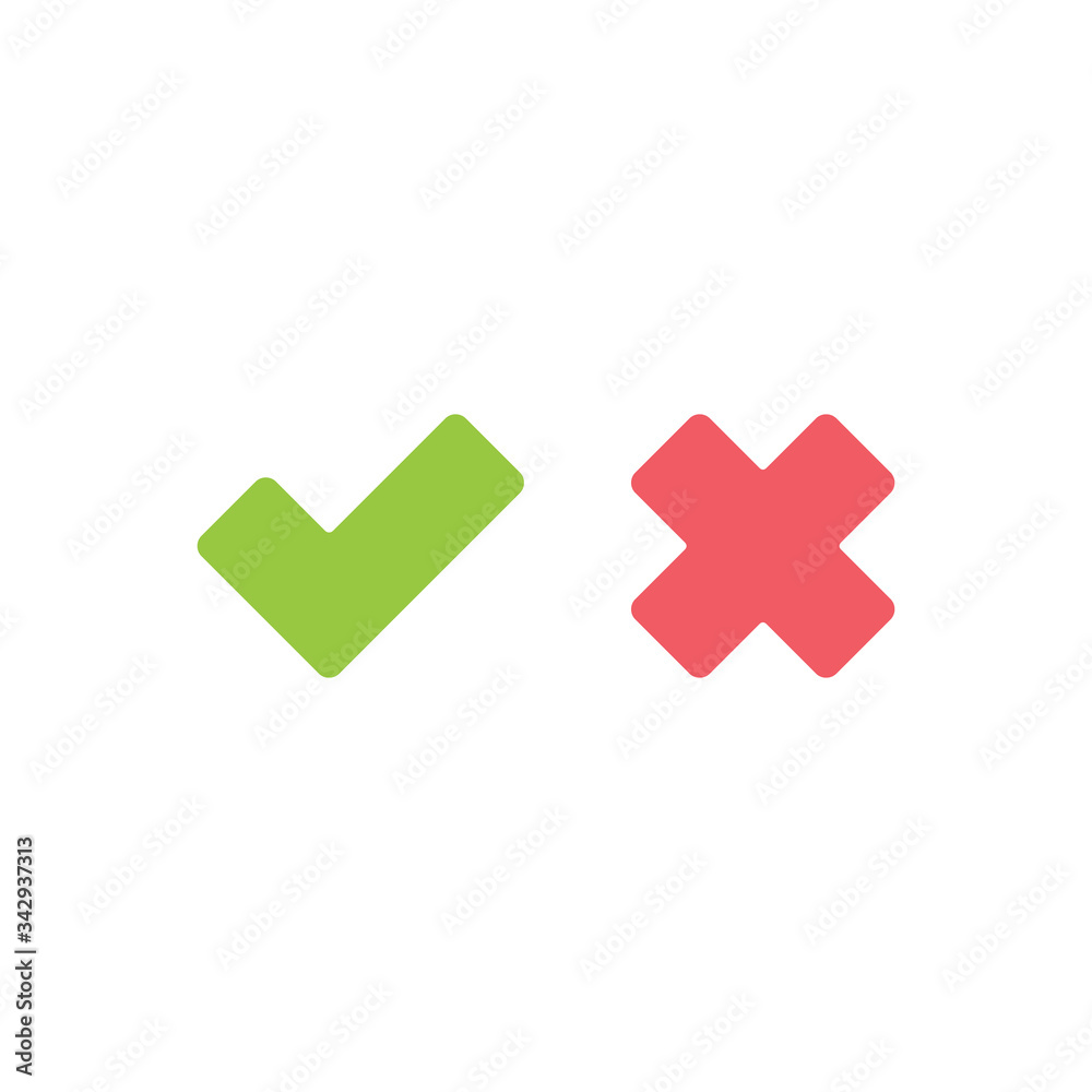 Tick and cross signs. Green checkmark and red X icons, isolated on white background. Tick and cross signs. Green checkmark and red X icons, isolated on white background.