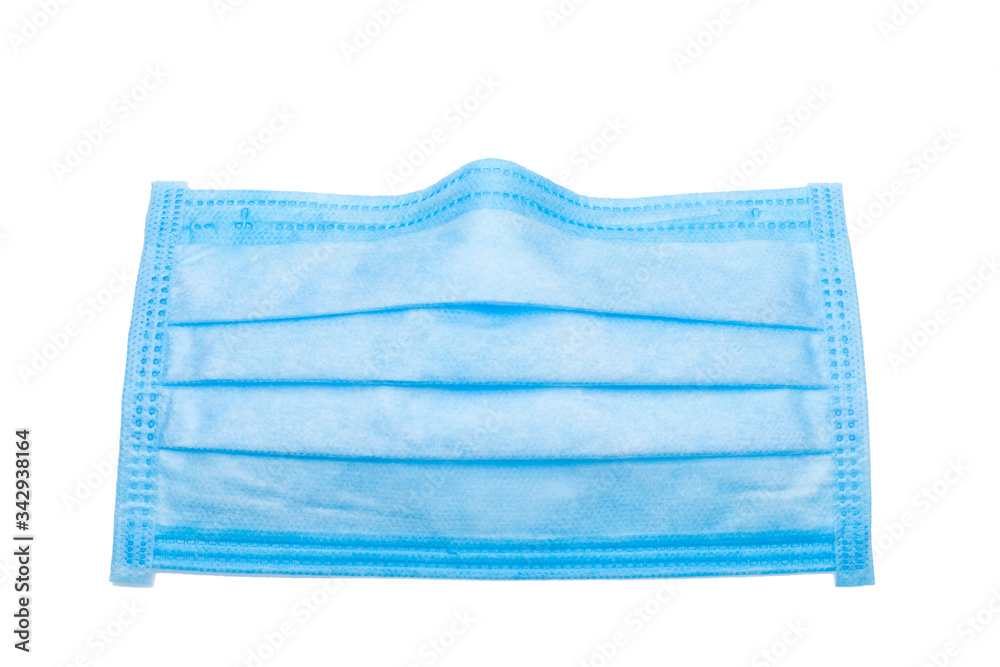 blue fabric medical sick mask with a bend for the nose front view isolated on white background.