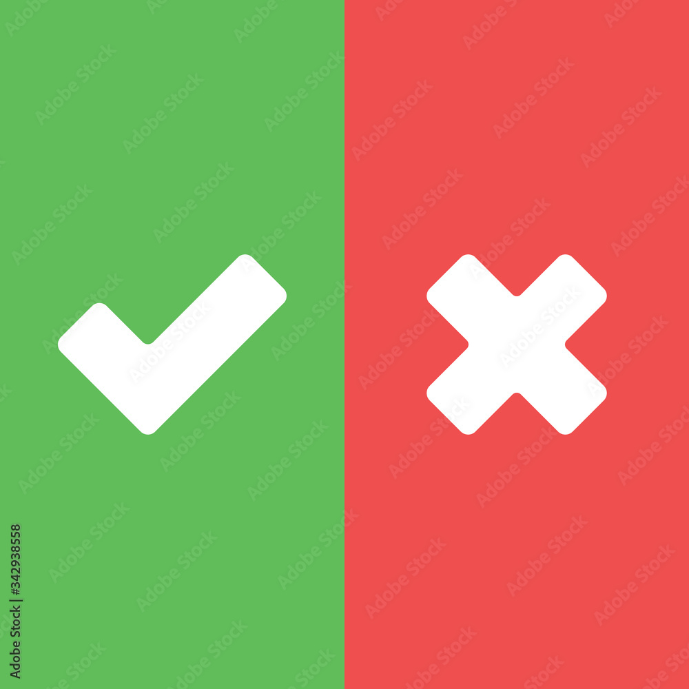 Fototapeta premium Tick and cross signs. Green checkmark and red X icons, isolated on white background.