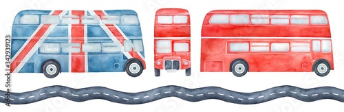 Photography Water color illustration pack of various double-decker buses, side and front view and seamless pattern of highway road
