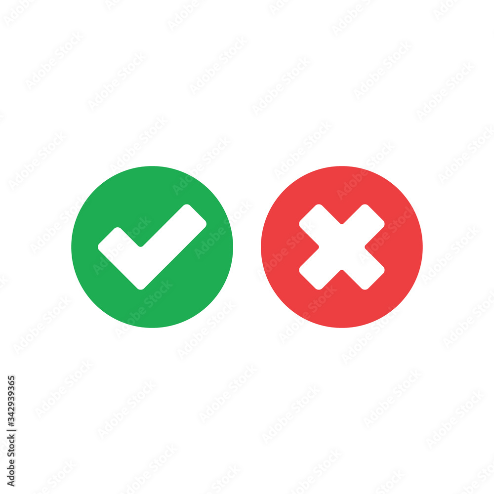Tick and cross signs. Green checkmark and red X icons, isolated on white background. Tick and cross signs. Green checkmark and red X icons, isolated on white background.