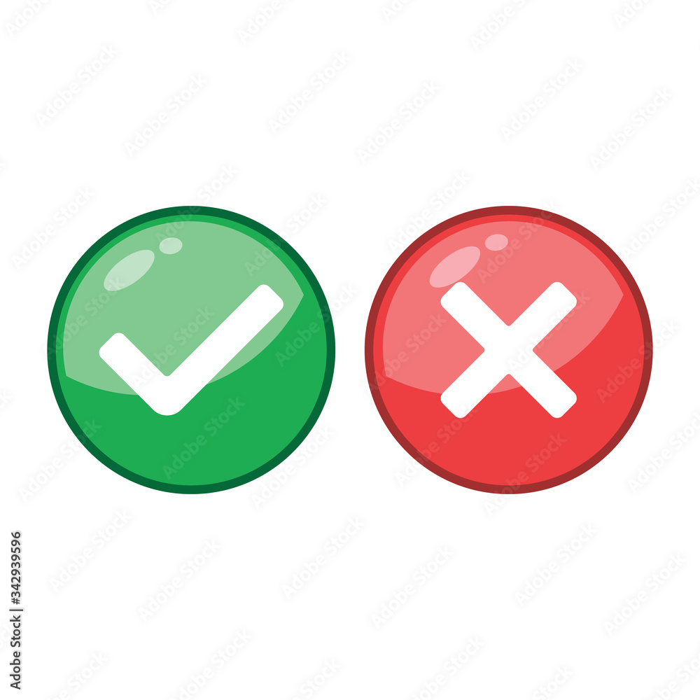 Tick and cross signs. Green checkmark and red X icons, isolated on white background. Tick and cross signs. Green checkmark and red X icons, isolated on white background.