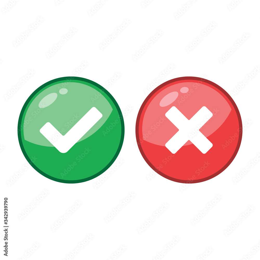 Tick and cross signs. Green checkmark and red X icons, isolated on white background. Tick and cross signs. Green checkmark and red X icons, isolated on white background.
