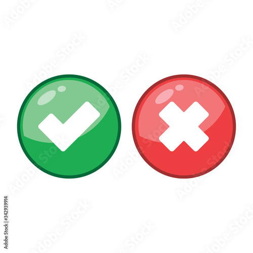 Tick and cross signs. Green checkmark and red X icons, isolated on white background.