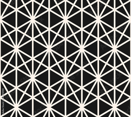 Geometric triangles seamless pattern. Vector abstract black and white graphic texture. Simple monochrome background. Ornament with triangles, hexagons, diamond shapes, grid, net, mesh. Repeat design